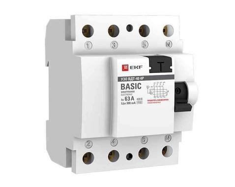 Устройство защитного отключения УЗО ВДT-40 4P 63А/300мА (электронное) EKF Basic